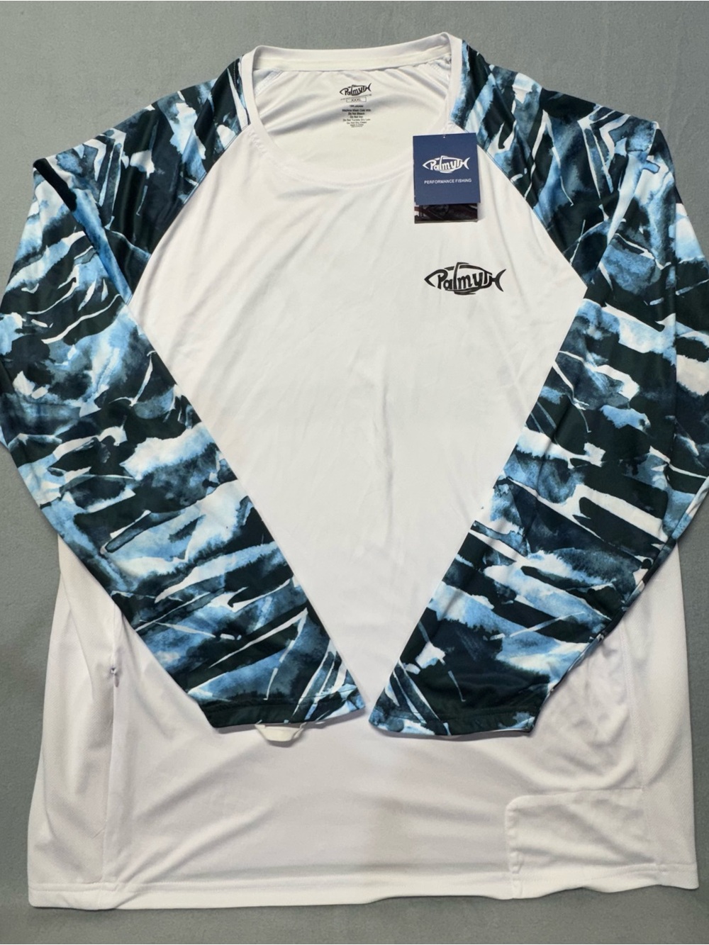 Palmyth Performance Long Sleeve Fishing Shirt - White with Blue Camo Sleeves
